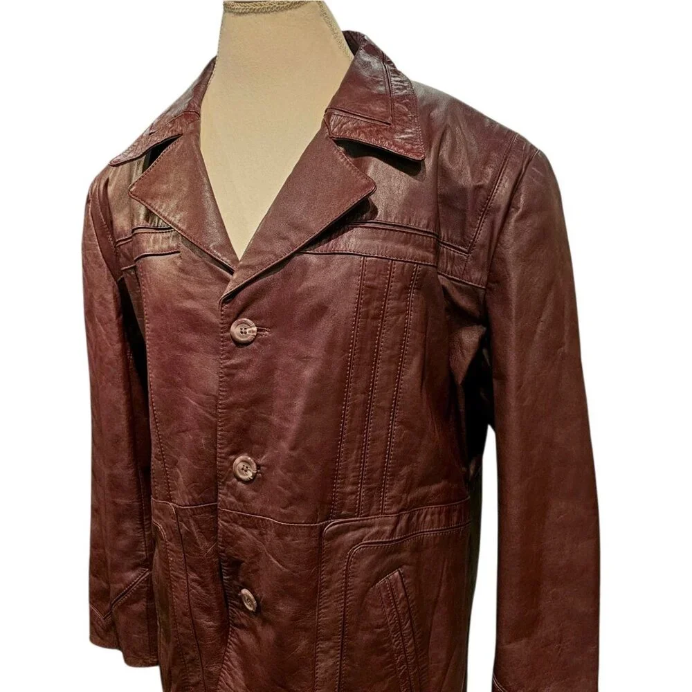 70s Dark Cherry Red Brown Leather‎ Coat Removable Sherpa Liner Sz 50 XL Disco